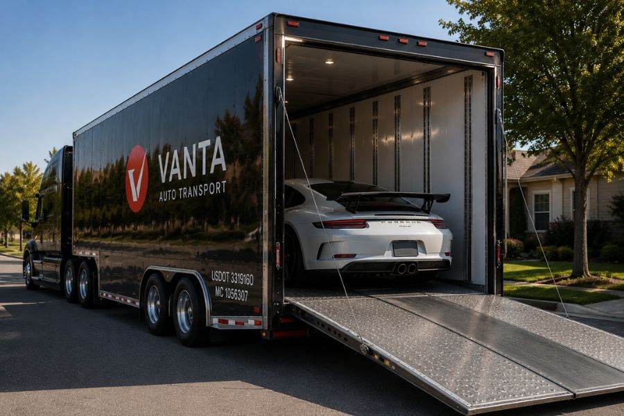Enclosed auto transport trailer by Vanta Auto Transport