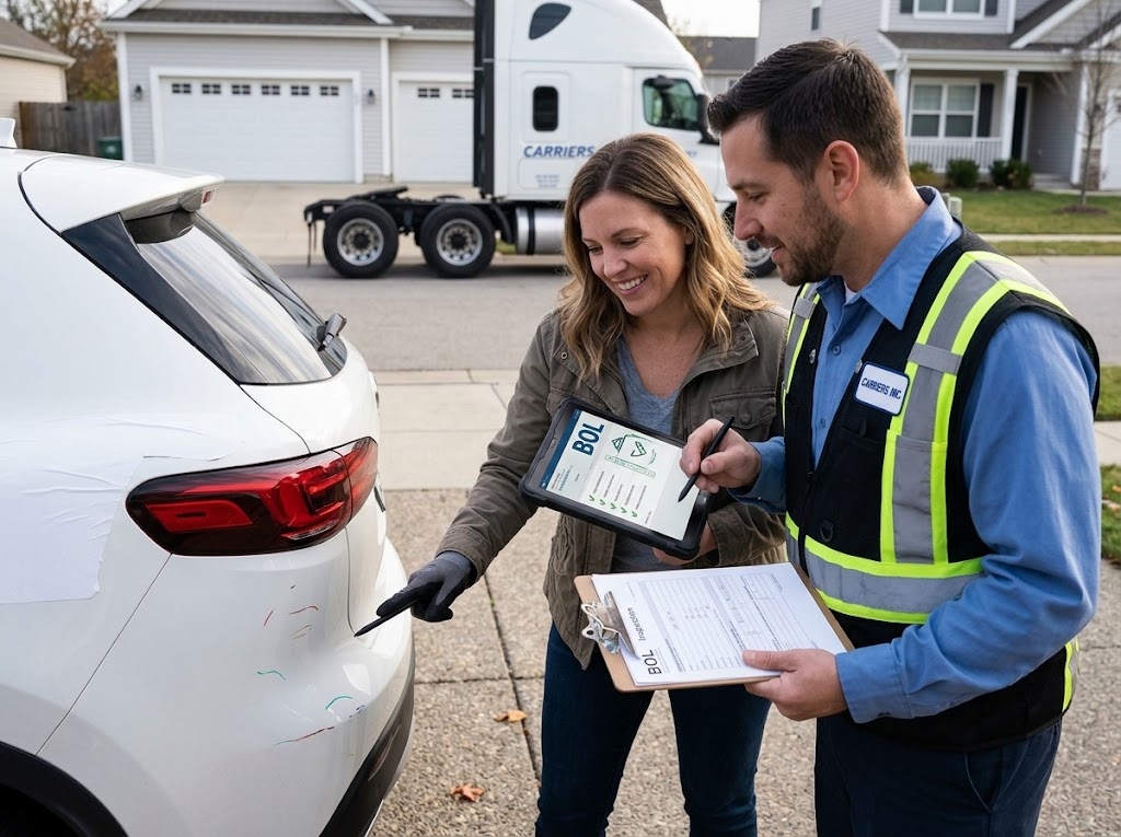 Driver and customer performing joint Bill of Lading BOL inspection with digital tablet