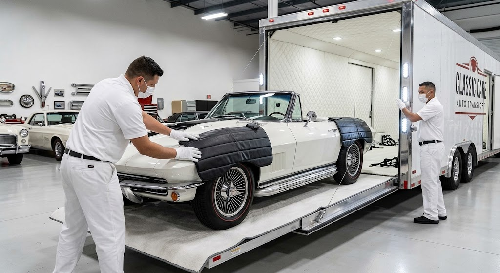 Vintage classic Corvette loaded with protective fender covers by white glove transport crew