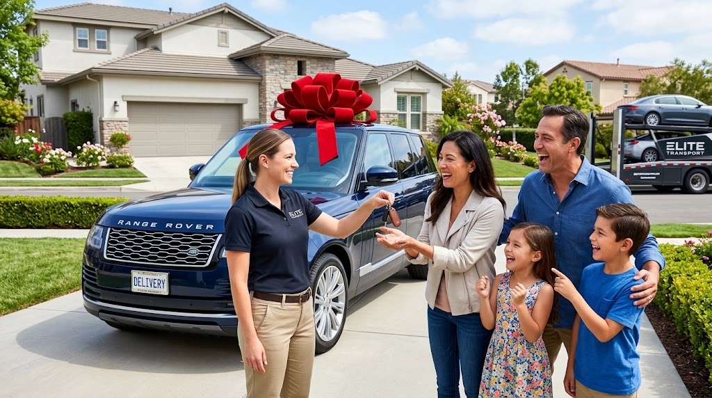 Family receiving direct doorstep car delivery with red gift bow outside their home