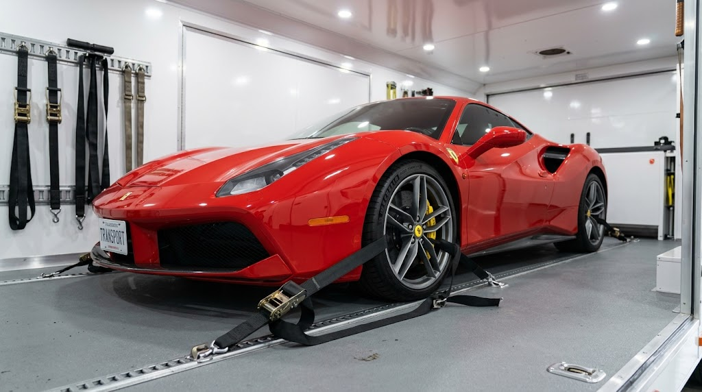 Ferrari 488 secured inside an enclosed auto transport trailer with soft wheel straps