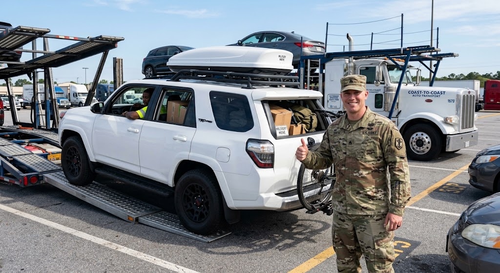 Military servicemember standing by vehicle loaded for nationwide relocation move