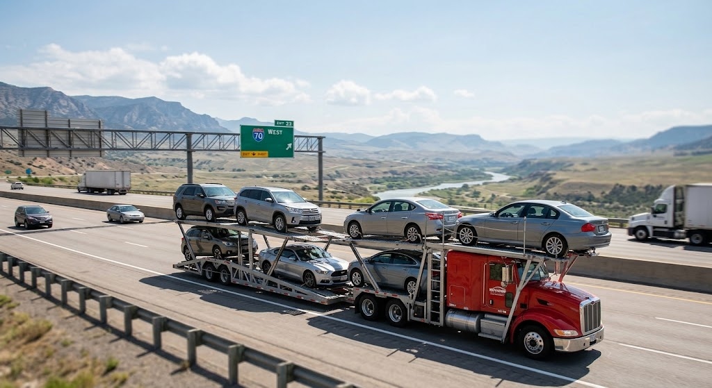 Modern 8-car double-decker open auto transport carrier on highway
