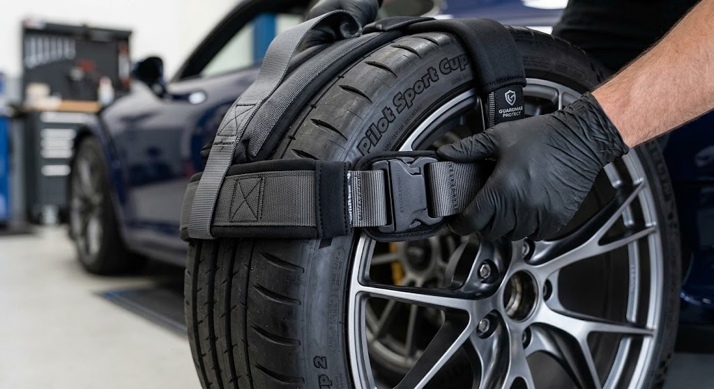 Padded soft nylon wheel tie-down harness secured on custom alloy wheel