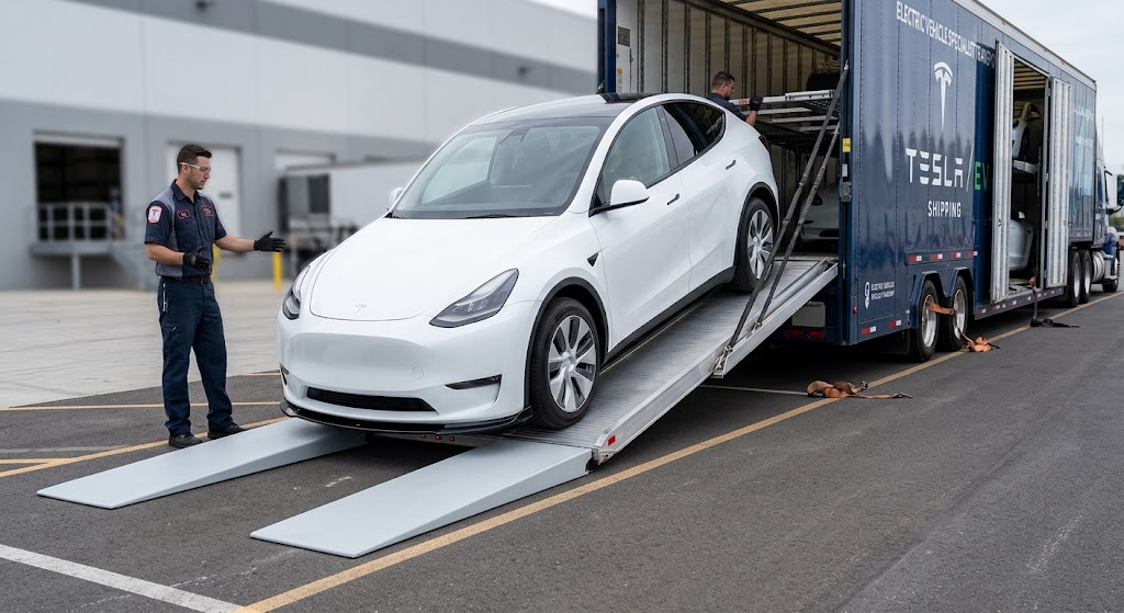 Tesla Model Y loaded onto low-incline electric vehicle transport ramp